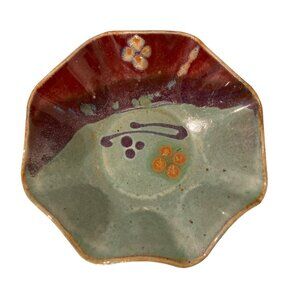 Signed Art Studio Pottery Bowl Dish Purple Bluish Green